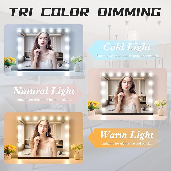 Vanity Mirror with Lights Lighted Makeup Mirror with 15 Dimmable LED Bulbs,3 Color Lighting Modes,USB Charging Port Touch Control,Sturdy Metal Frame Design 22.8x18 Inch,Black