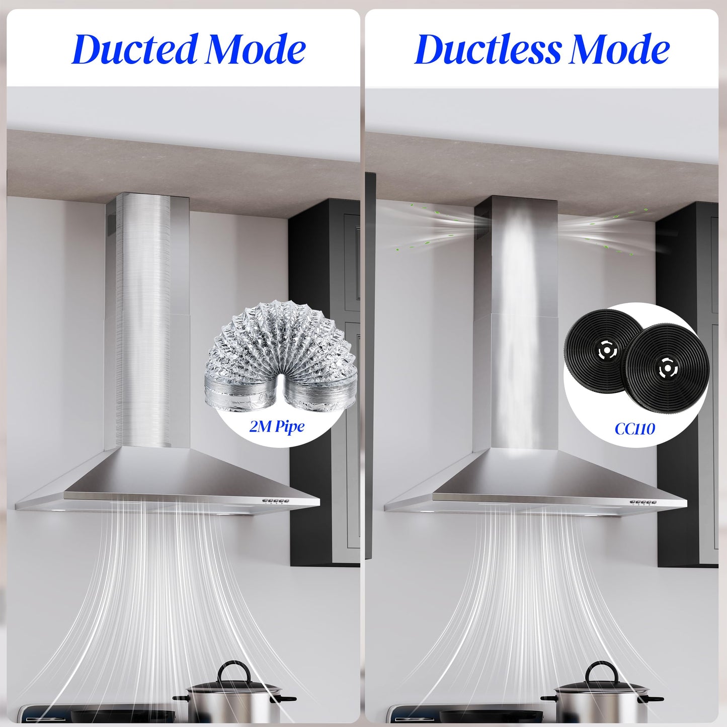FIREGAS Range Hood 30 inch, Wall Mount Range Hood with LED Lights, 3-Speed Exhaust Fan, Ducted/Ductless Convertible, Aluminum Mesh Filters, Button Controls, Stainless Steel Kitchen Vent Hood