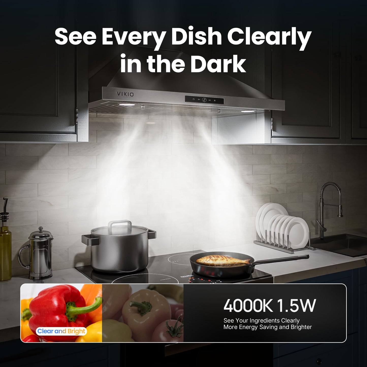 VIKIO HOME Wall Mount Range Hood 36inch, 580 CFM, Ducted/Ductless Convertible, Stainless Steel Kitchen Vent Hood with 3-Speed Fan and LED Lights
