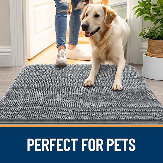 OLANLY Dog Door Mat for Muddy Paws 35x24, Absorbs Moisture and Dirt, Absorbent Non-Slip Washable Doormat, Quick Dry Chenille Mud Mat for Dogs, Entry Indoor Entryway Carpet for Inside Floor, Grey