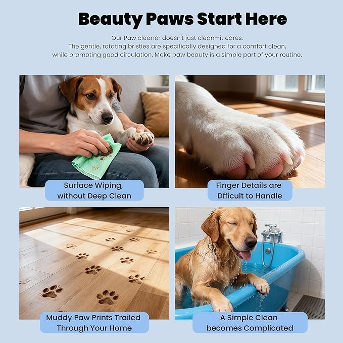 Lervynxi-Dog Paw Cleaner, Portable Automatic Pet Paw Washer - One Touch Start, ABS Body, Detachable Silicone Brush, USB Rechargeable, for Small & Medium Dogs, Clean Paws, White Glacier Blue