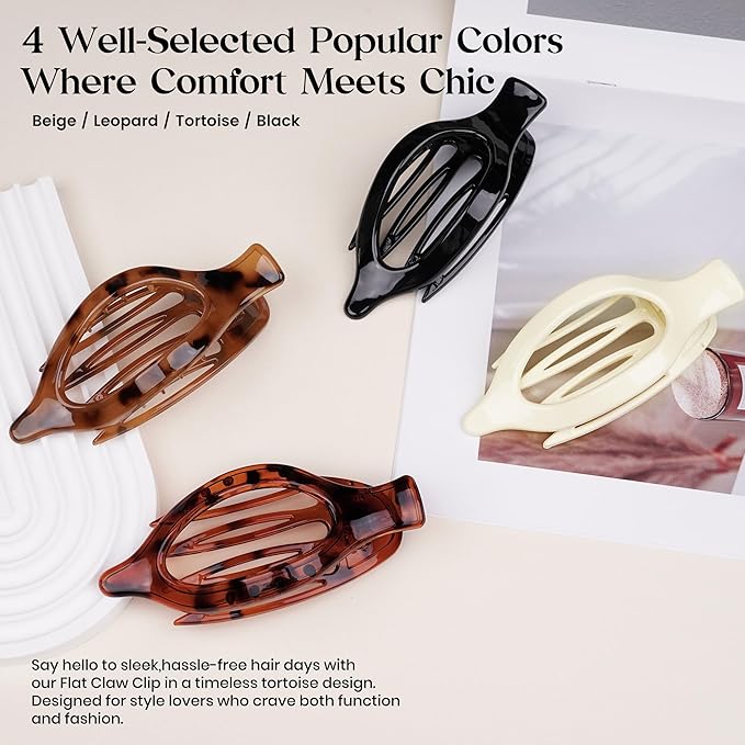 4 PCS Large Flat Hair Clips for Women Girls, French Concord Lay Down Claw Clips Strong Hold for Thick Thin Hair, Comfortable Curved Flat Clip, Leopard Print Stylish Hair Accessories, Tortoise
