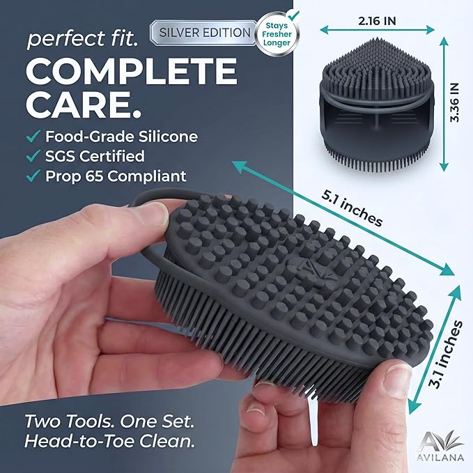 Avilana Silver Edition Body Scrubber and Face Brush Set - Silver-Ion Infused Silicone 2-in-1 Kit, ISO Tested Both Pieces, Stays Fresher Longer Gentle Exfoliating Sensitive Skin Women Men Gift Skincare