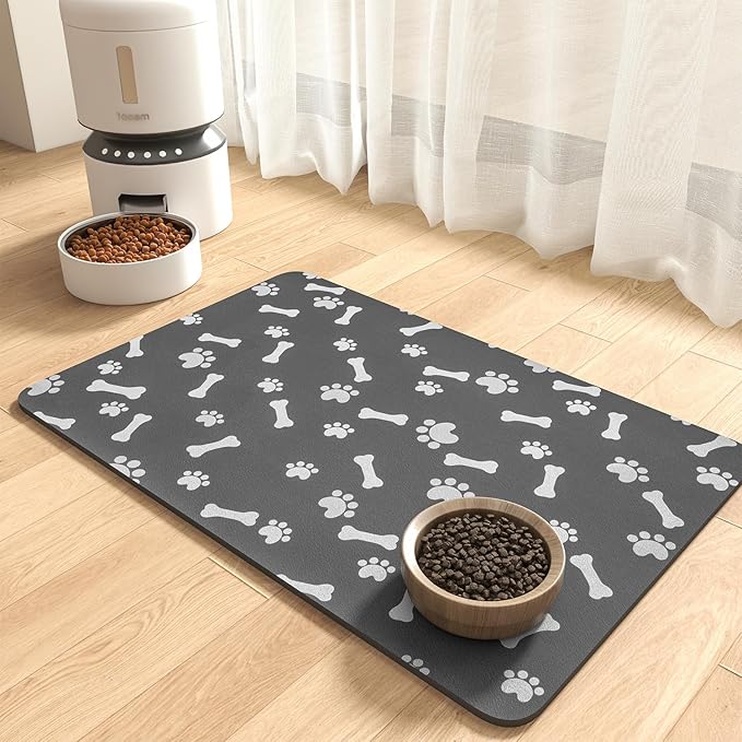 MontVoo Dog Food Mat-Pet Feeding Mat for Food and Water-No Stains Quick Dry Dispenser Cat Bowl Mat for Messy Drinkers(12"x19" Dark Grey)