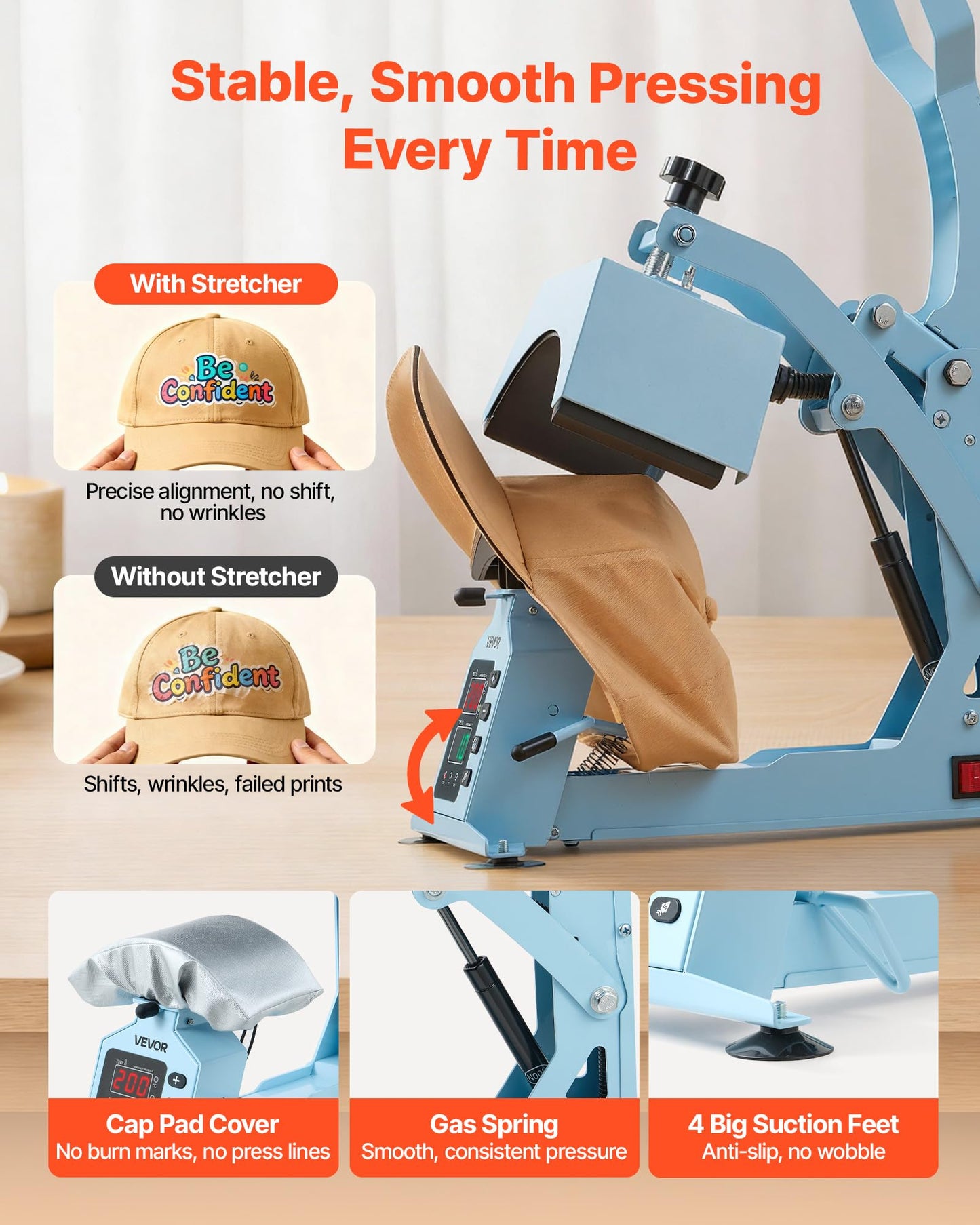 VEVOR Hat Heat Press Machine, with 4 Interchangeable Platens and Caps Stretcher, Precise Temperature & Time Control, Heat Press for Hats and Caps, for HTV Iron On and Sublimation Projects, Light Blue