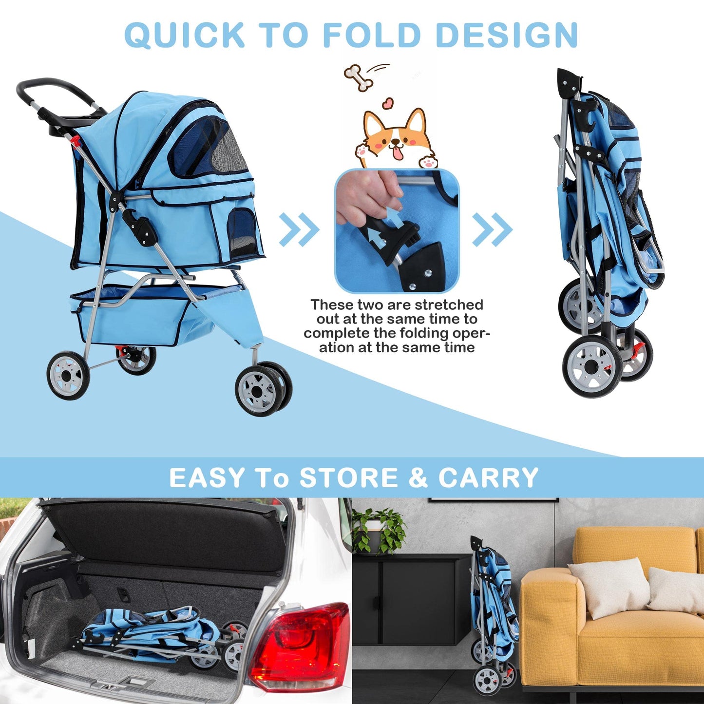 3 Wheels Dog Stroller, Foldable Pet Stroller for Small Medium Dogs, Portable Breathable Cat Stroller Dog Strollers with Storage Basket, Cup Holders, Removable Liner for Travel & Outdoor Use, Blue