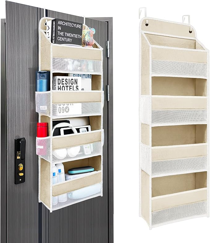 Over the Door Organizer with 4 Side Mesh Pockets, 4 Shelf Capacity Hanging Behind the Door Kitchen Organizers and Storage Suitable for Storing Toys, Shoes, Towels, Lvoy White, 4 Shelf