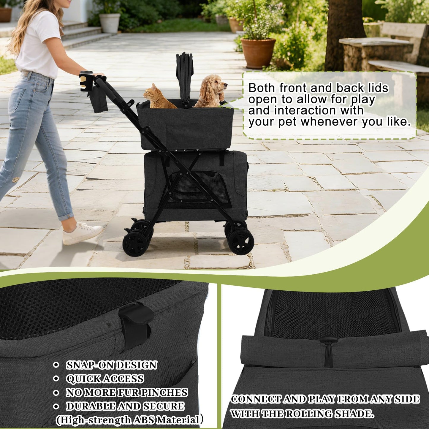 Pet Stroller for Dogs and Cats, 4 in 1 Cat Strollers for 2 Cats, Foldable Dog Stroller for Medium Dogs 20 lbs with Cup Holder and Storage Bag, Suitable for All-Terrain, Dog Gifts