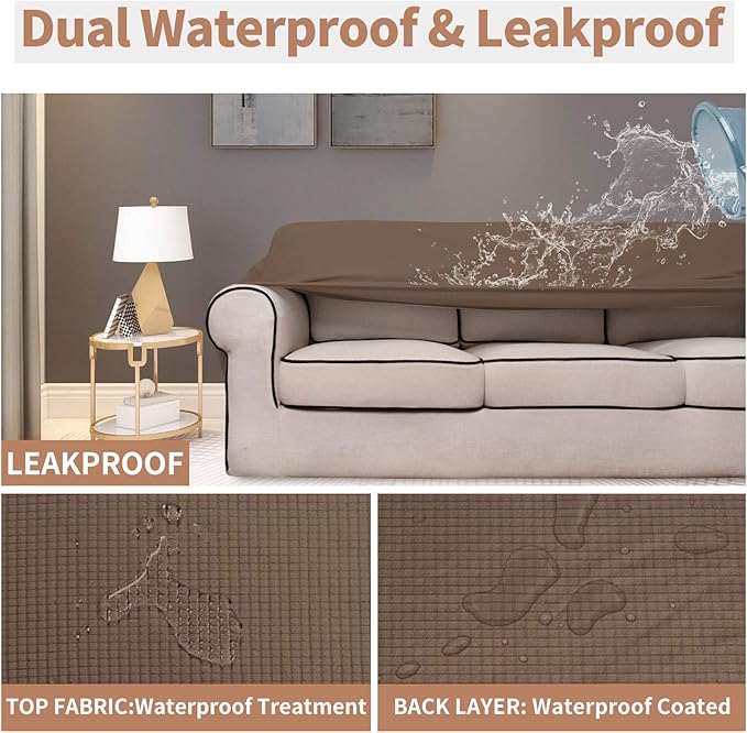 Easy-Going 100% Waterproof Loveseat Couch Cover, Dual Waterproof Sofa Cover, Stretch Jacquard Sofa Slipcover, Leakproof Furniture Protector for Kids, Pets, Dog and Cat (Loveseat, Brown)