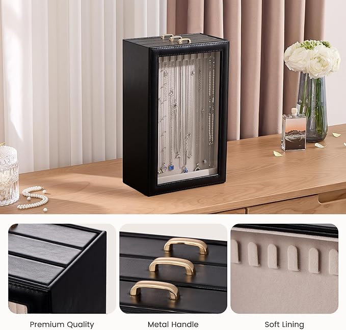 Lolalet Necklace Organizer Box, Jewelry Storage Box with Clear Window for Necklaces Bracelets, Tangle-Free Necklace Display Case for Women Girls -Black, 3 Layers 30 Hooks