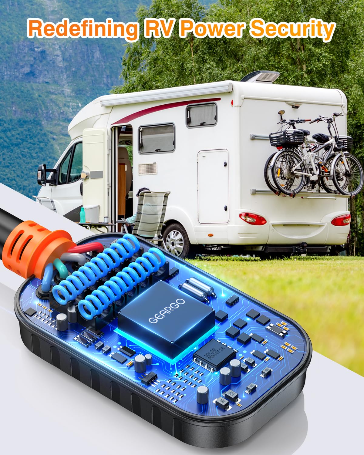 GEARGO 𝟐𝟎𝟐𝟔 𝐍𝐄𝐖 30 Amp RV Surge Protector, 15000J RV Circuit Analyzer with Intelligent LED Display, IP68 RV Adapter Plug with Waterproof Cover for Camper Travel Trailers