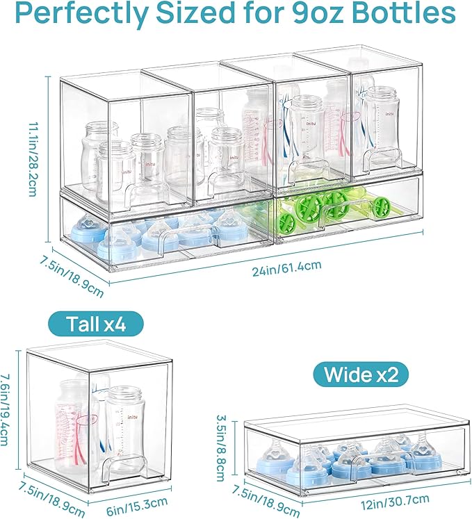 Vtopmart 6 Pack Clear Baby Bottle Organizer Set, Stackable Storage Drawers Ideal for Kichen Countertop, Vanity, Bathroom, Cabinet, Pantry Organization