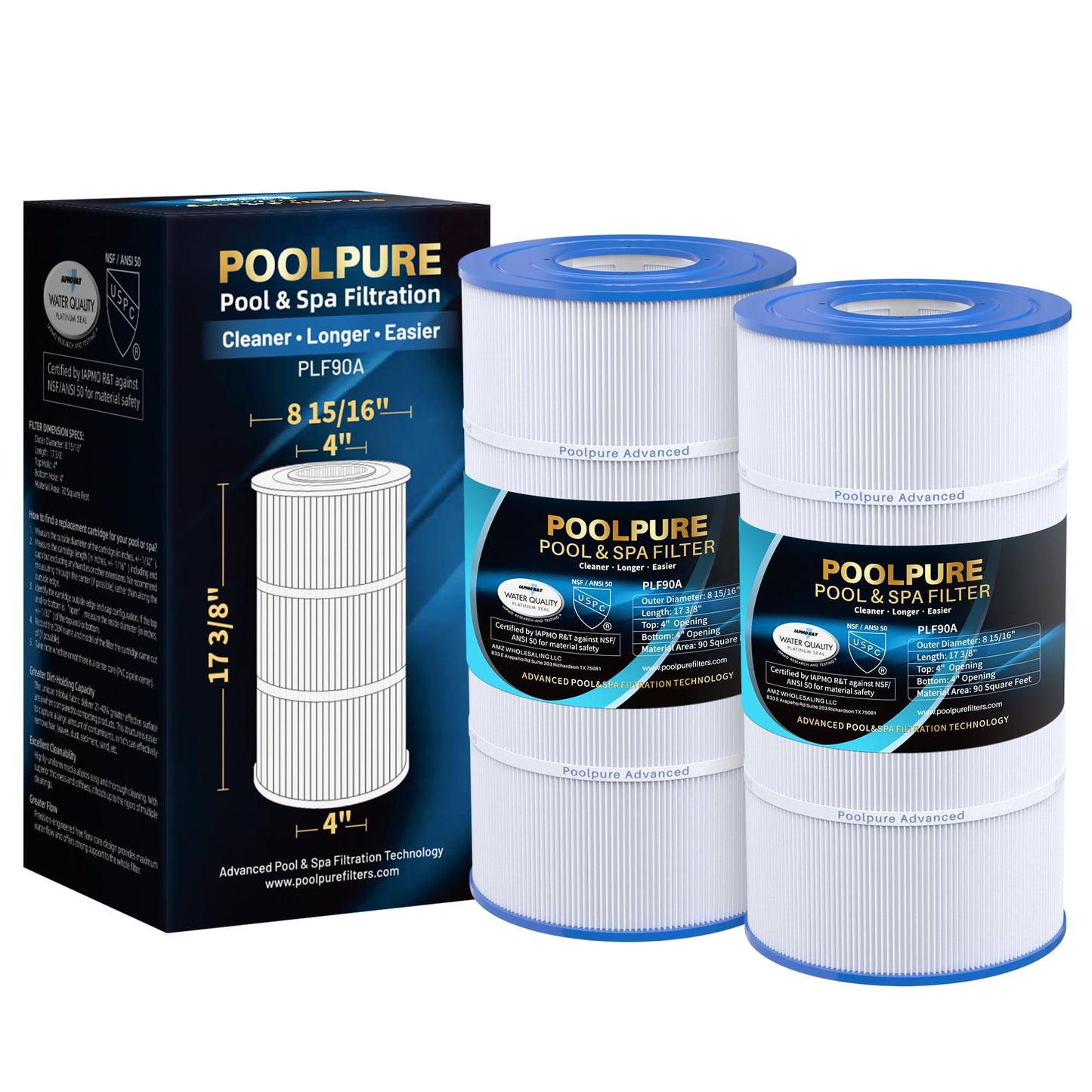 POOLPURE PLF90A Pool Filter Replaces Hayward C900, CX900RE, Pleatco PA90, Ultral-B6, Unicel C-8409, Filbur FC-1292, Sta-Rite PXC95, 90 sq.ft, L x OD: 17 3/8" x 8 15/16" (2 Pack)