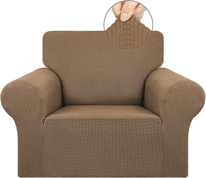 KEKUOU Stretch Single Sofa Slipcover 1 Piece Couch Sofa Cover (31"-55") Furniture Protector 1 Seater Sofa with Elastic Bottom for Kids,Pet.Jacquard Small Checked Pattern Fabric(Small,Camel)