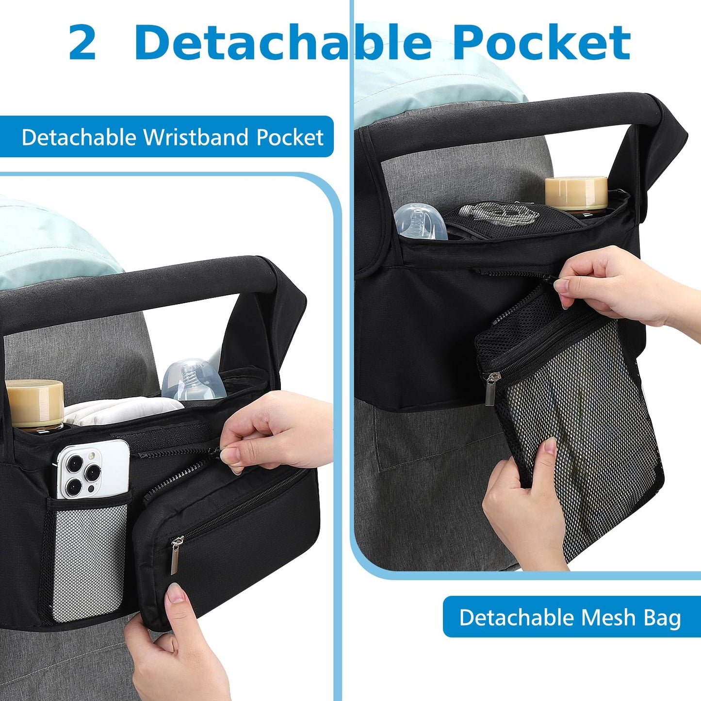 Accmor Universal Stroller Organizer with Insulated Cup Holder Detachable Phone Bag and Shoulder Strap,Stroller Bag Caddy Organizer Fits for Uppababy, Baby Jogger, Britax Strollers