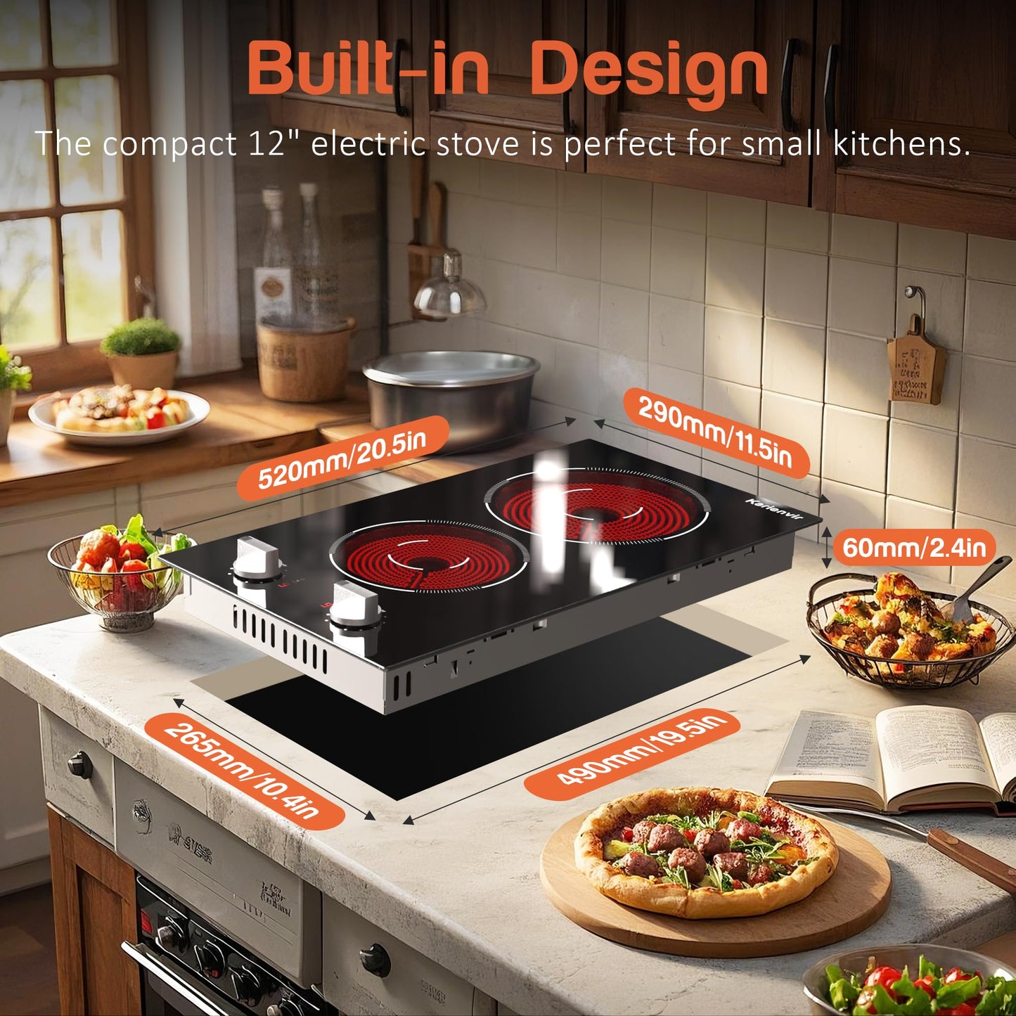 Karienvir 2 Burner Electric Cooktop, 12 Inch Countertop & Built-in Electrical Stovetop, 110V Electric Stove with Plug, Knob Control, 9 Power Level, 2000W(1400W+600W)