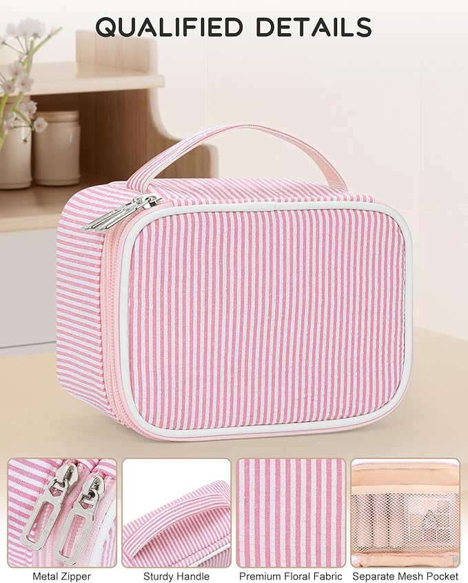 Relavel Travel Makeup Bag, Small Pink Cosmetic Bag with 2 Makeup Brush Holders, Portable Makeup Pouch for Women, Cute Toiletry Bag with Double Layer Organizer, Strip