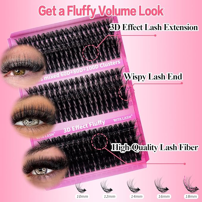 RITALASH Lash Clusters 3 Style Cluster Lashes Book Individual Lashes Clusters Eyelash Extensions False Eyelashes DIY Wispy 3D Effect Lash Extension Natural(60D+80D+100D Cluster Lashes)