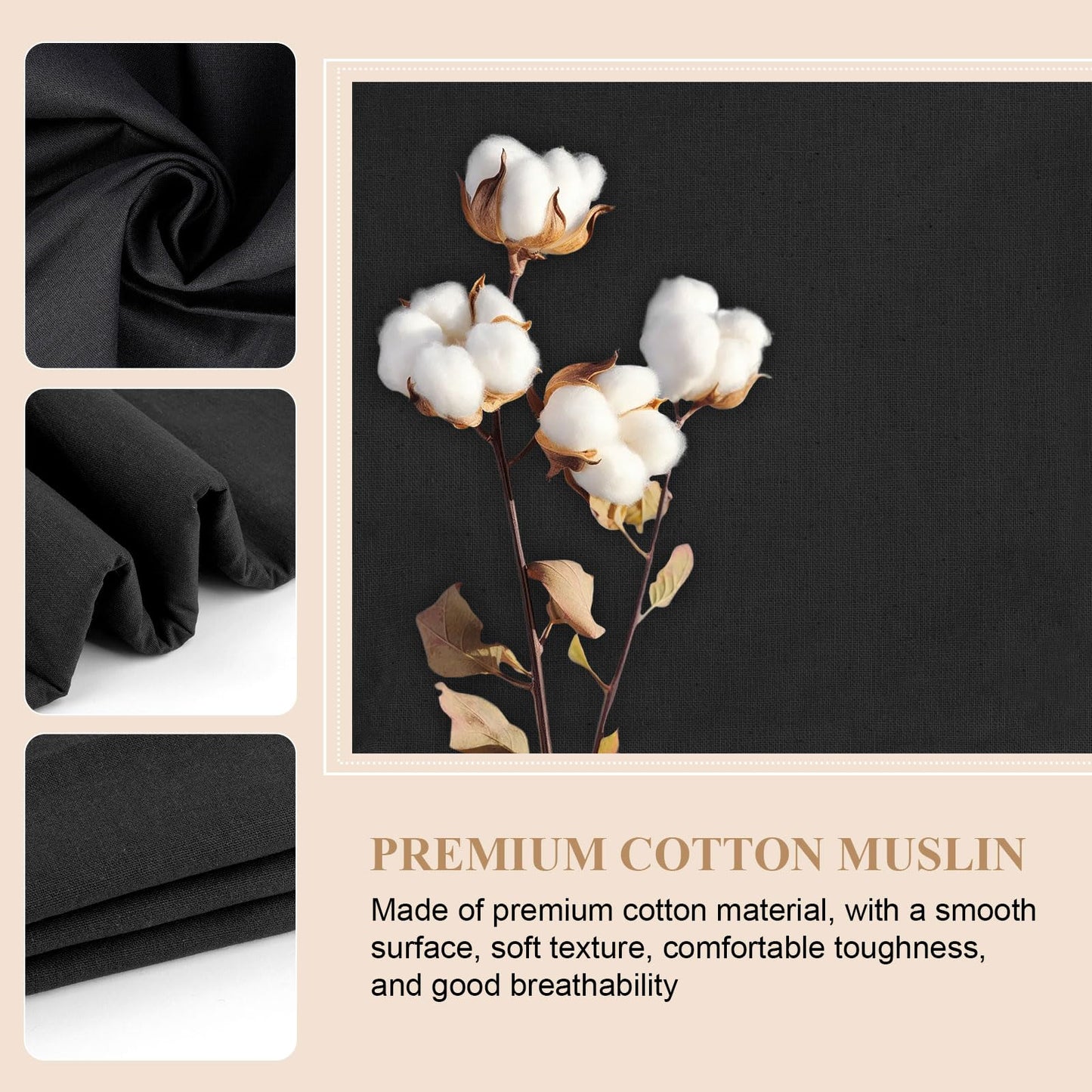 PEASUG 100% Cotton Muslin Fabric, 59 Inch X 5 Yards Muslin Linen Fabric by The Yard, Medium Weight Draping Fabrics Suitable for Sewing Embroidery, Garments, Crafts Material-Black