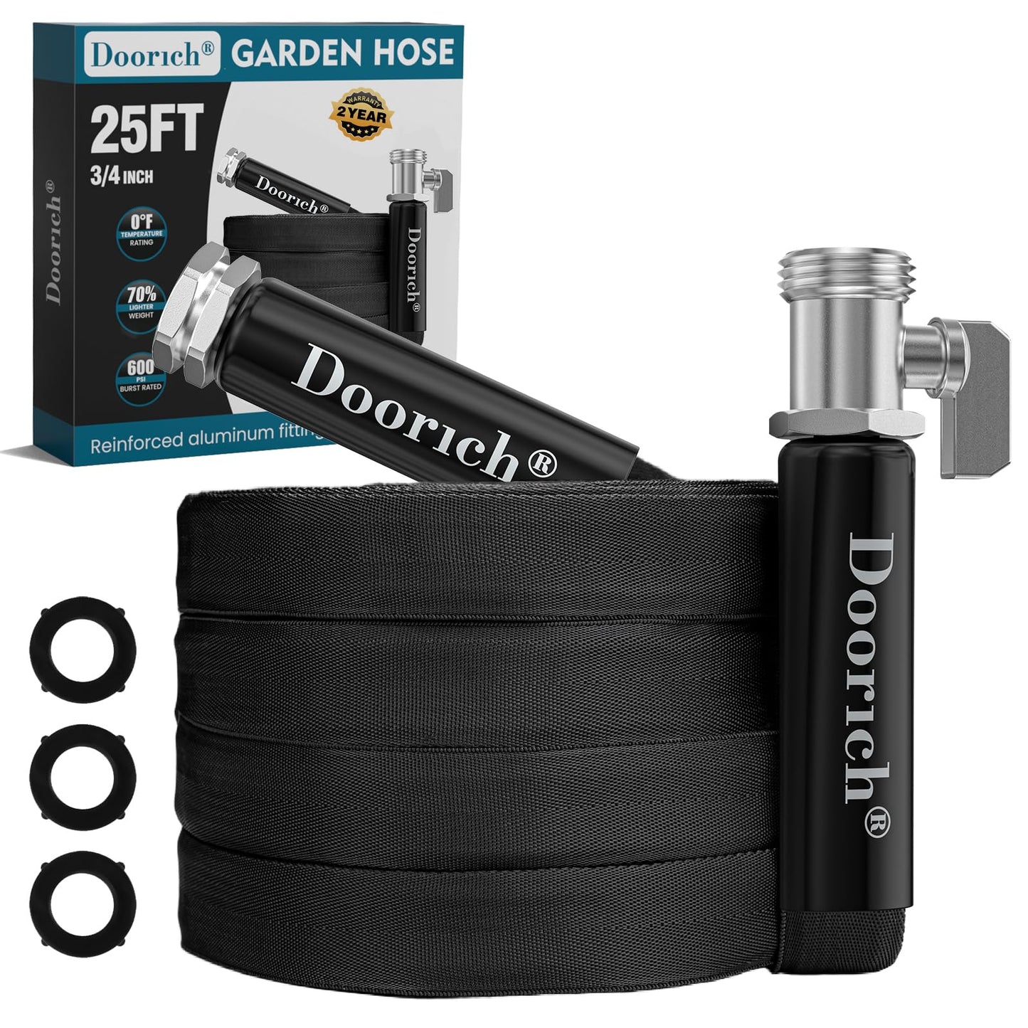 Doorich Garden Hose, Lightweight, Ultra Flexible, Durable, Kink-Free Water Hose with Valve - Made of TPU, Drinking Water Safe Material, Non-Shrinking, Easy to Store, All-Weather, Black (25 FT)