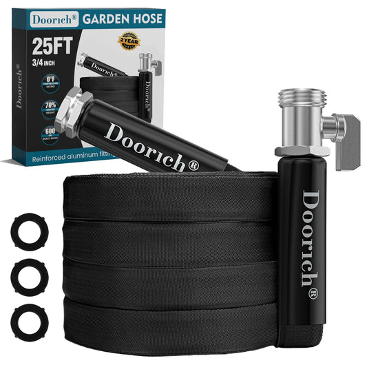Doorich Garden Hose, Lightweight, Ultra Flexible, Durable, Kink-Free Water Hose with Valve - Made of TPU, Drinking Water Safe Material, Non-Shrinking, Easy to Store, All-Weather, Black (25 FT)