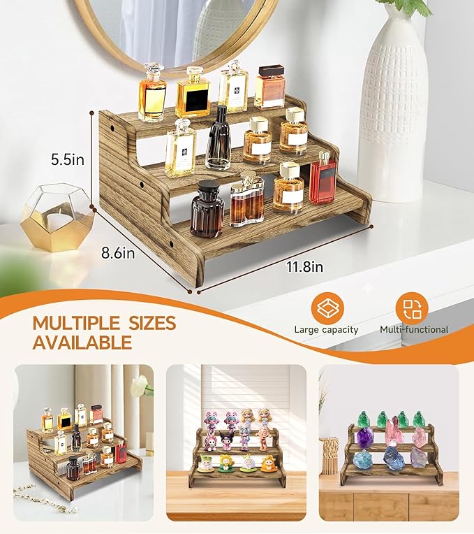 Wooden Cologne Organizer for Men, Perfume Organizer Stand, Cologne Stand with Anti-Slip Washers, Wooden Display Risers Stand for Dessert, Cupcake, Charcoal-Grilled, 3-tier-11.8in