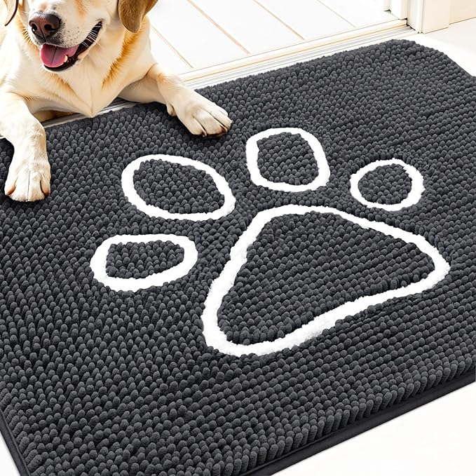 OLANLY Dog Door Mat for Muddy Paws 30x20, Paw Print Design, Absorbs Moisture and Dirt, Absorbent Non-Slip Washable Doormat, Quick Dry Chenille Mud Mat for Dogs, Entry Indoor Entryway Carpet, Dark Grey
