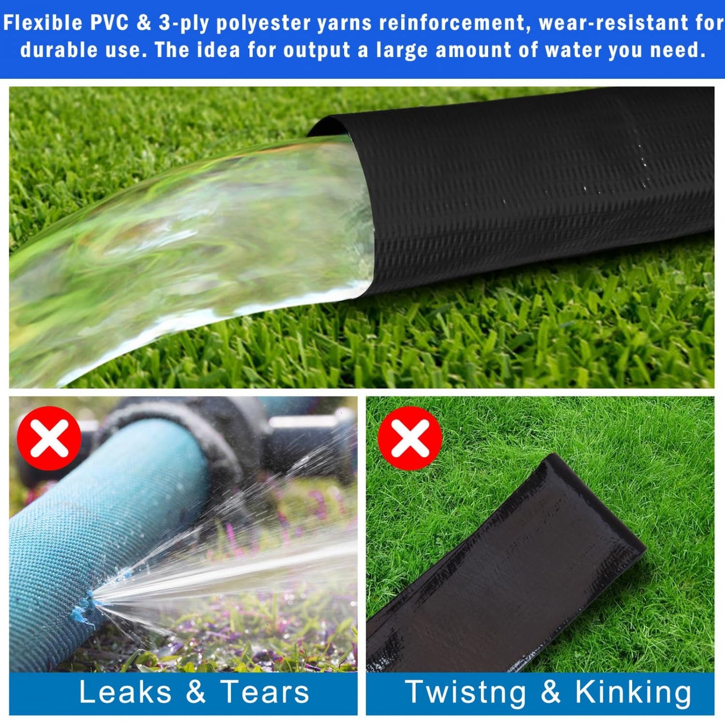 Gonioa Pool Backwash Hose 1 1/2 Inch Diameter x 50 Feet - Heavy-Duty PVC Pool Drain Hose, Reinforced Discharge Hose with Clamp for Swimming Pools, Black