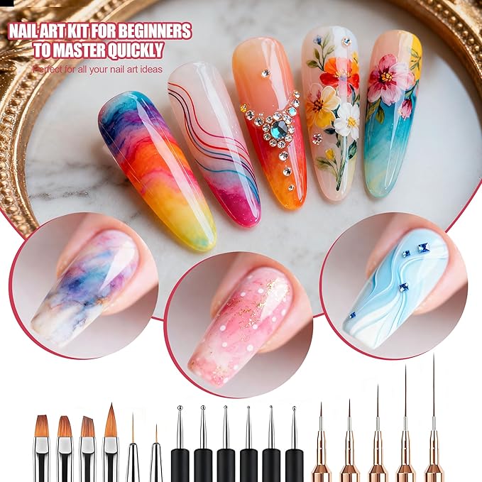 Artdone Nail Striping Tape Lines Kit With Nail Art Pens Dotting Tools And Liner Brushes For Gel Polish Small Detail Drawing Design Paint