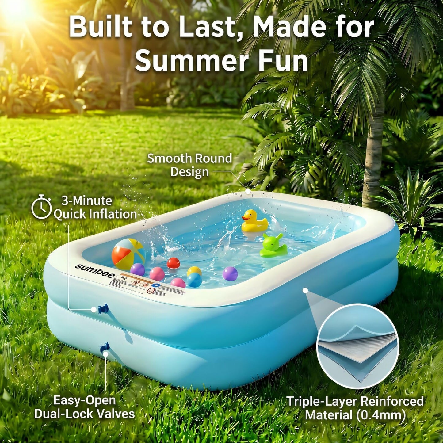 Sumbee Inflatable Pool for Kids and Adults, 79” x 59" x 20" Thickened Blow Up Swimming Family Pool for Toddlers Outdoor Patio Backyard Garden Deck Summer Party, Full Size Rectangular Blue