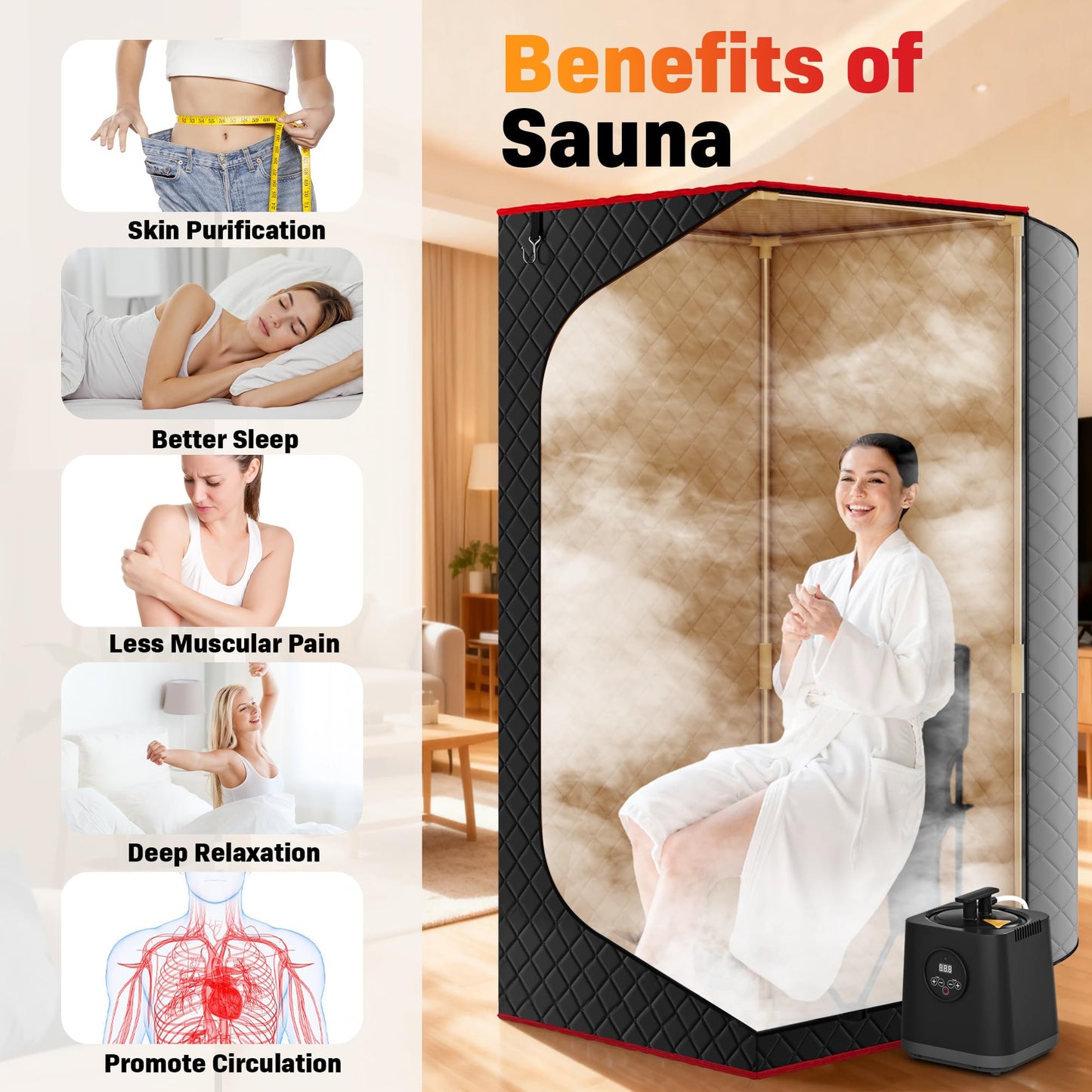 Manastin Upgraded Portable Steam Sauna for Home, Sauna Tent with 3L/1200W Steamer, XL Foldable and Remote Control, 99-Min Timer & 15 Power Levels, 2.6' x 2.6' x 5.9' Detox Spa for Relaxation,Jet Black