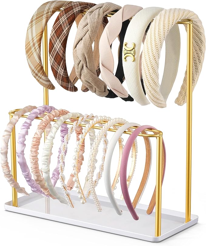Headband Holder Organizer Metal 2-Tier with Tray: Hair Accessories Display Stand Storage Hairband Rack Necklace Stand Home Bedroom for Girls Women, Gold