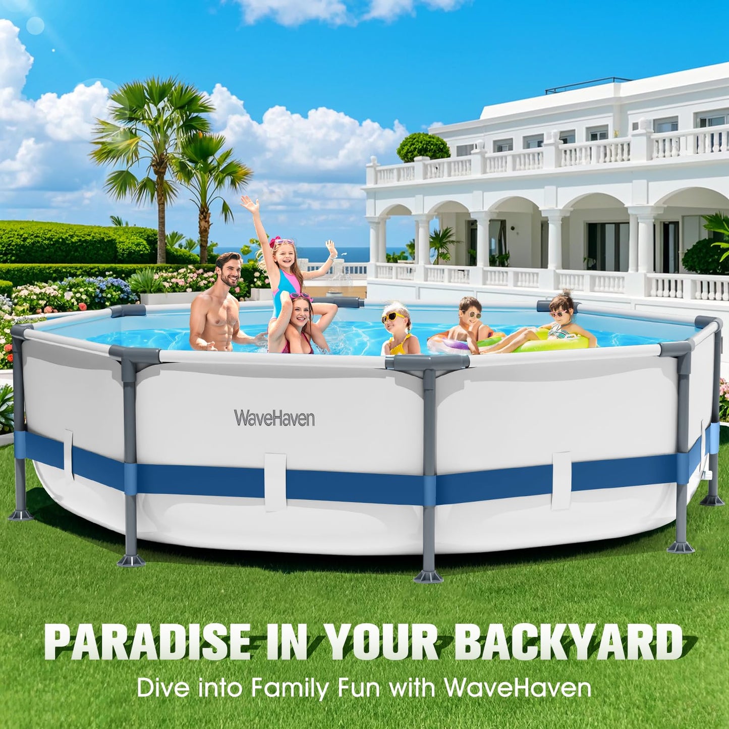 WaveHaven Above Ground Pool,10ft x 30in Frame Deep Swimming Pool,Round Family Pool,Large Above Ground Pool Easy Set,1200 Gallon Pool,Outdoor Backyard Pool for Kids,Adults-Deep Blue,Pump Not Included