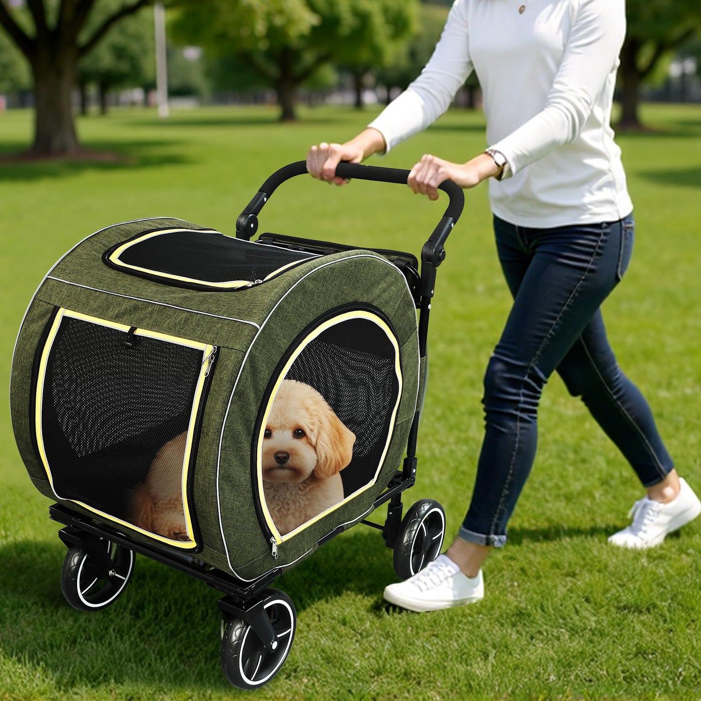 Saudism Pet Stroller for Dogs Cats up to 50 lbs, Foldable Dog Stroller with 360° Swivel Wheels, Detachable Carrier, Adjustable Handle, Travel Dog Stroller for Small Medium Large Pets, Green