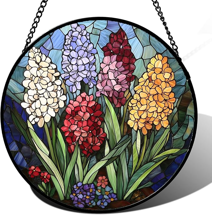 DASTOLL Stained Glass Window Hanging, Colorful Hyacinth Flowers Suncatcher for Doors Window Home Plant Sun Catchers Decoration Mother's Day Birthday Gifts for Women, Men, and Mom 15x15 in