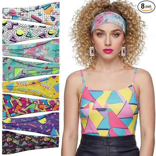 obeoby 8 Pack 80s Print Neon Headbands for Rave Outfits Women, 90s Retro Accessories Sport Hairbands for Party Style Festival Outfits Running Cycling