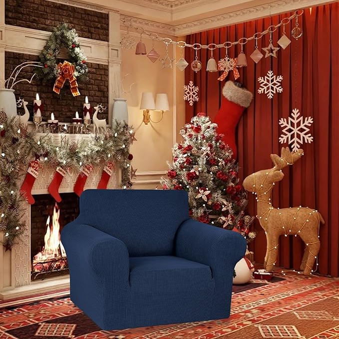 KEKUOU Stretch Single Sofa Slipcover 1 Piece Couch Sofa Cover (31"-55") Furniture Protector 1 Seater Sofa with Elastic Bottom for Kids,Pet.Jacquard Small Checked Pattern Fabric(Small,Navy Blue)