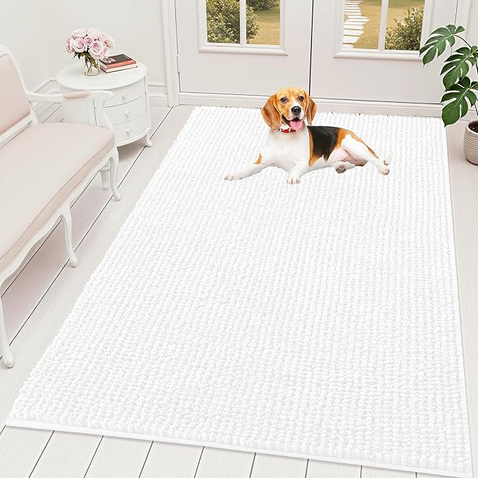 OLANLY Dog Door Mat for Muddy Paws 70x46, Ultra Absorbent Chenille Mud Doormat, Non-Slip Washable and Dirt Trapping Doormat for Indoor Entryway, Quick-Dry Indoor Pet Bed Mats for Dogs, White