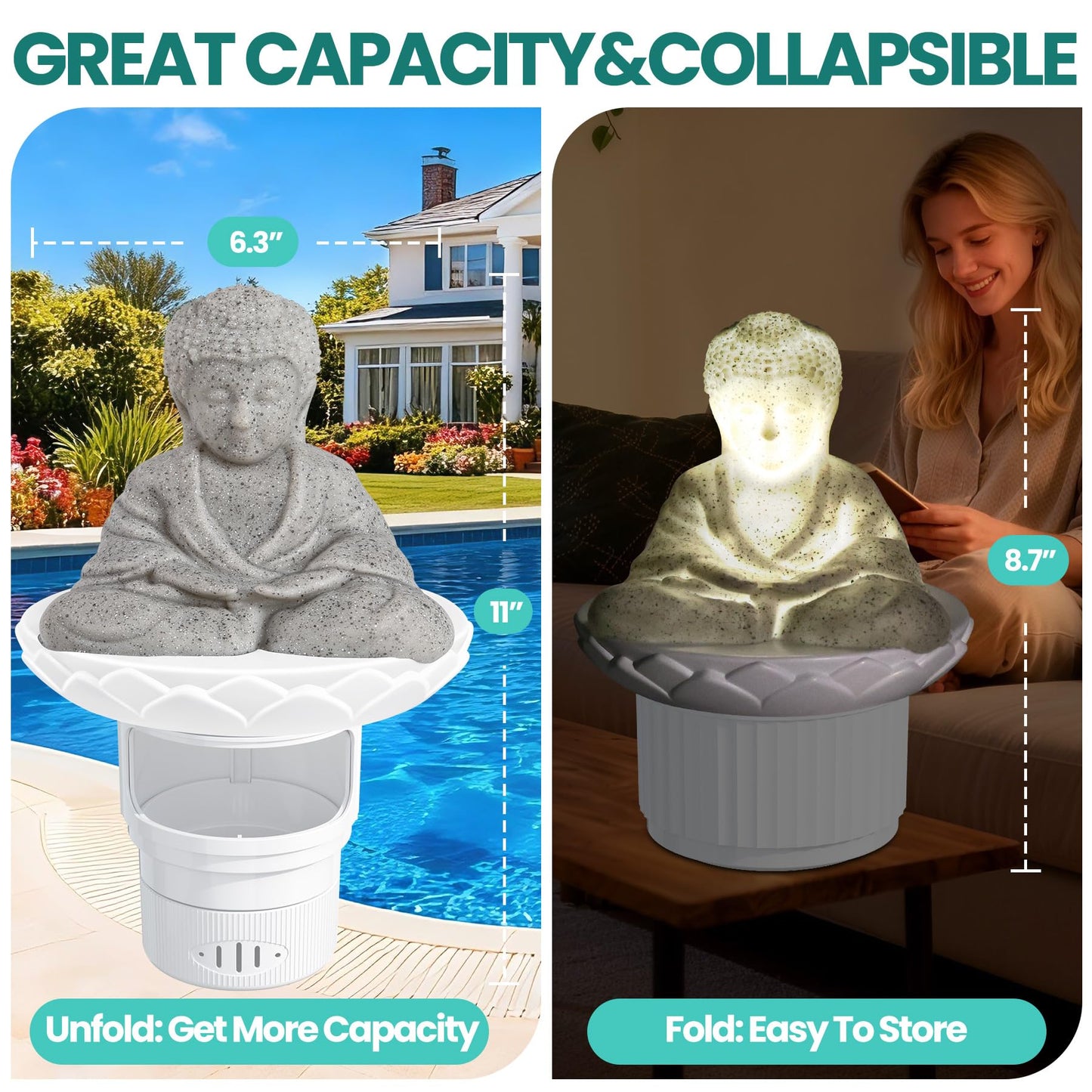 PRAXXIS Solar Chlorine Floater,Buddha Statue Pool Chlorine Floater with Solar Light, Adjustable Floating Chlorine Dispenser for Pool, Collapsible Chlorine Floater, Chlorine Floater for Hot Tub(White)