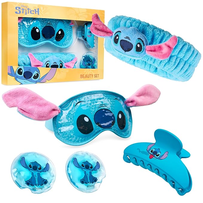 Disney Stitch Beauty Accessories Set with Cooling Eye Mask Gel Eye Pads Fluffy Skincare Headband Hair Claw Clip Relaxing Pampering Gifts for Women, Wife, Girlfriend (Blue)