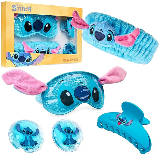 Disney Stitch Beauty Accessories Set with Cooling Eye Mask Gel Eye Pads Fluffy Skincare Headband Hair Claw Clip Relaxing Pampering Gifts for Women, Wife, Girlfriend (Blue)