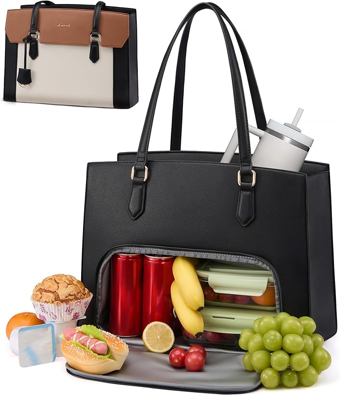 LOVEVOOK Lunch Tote Bag for Women, 15.6 Inch Laptop Work Bag with Insulated Lunch Compartment, Large Capacity Computer Handbag with Cup Holder for Business, Nurse, Teacher, Mommy