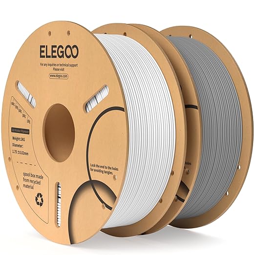 ELEGOO PLA Filament 1.75mm White & Gray 2KG, 3D Printer Filament Dimensional Accuracy +/- 0.02mm, 2 Pack 1kg Cardboard Spool(2.2lbs) 3D Printing Filament Fits for Most FDM 3D Printers