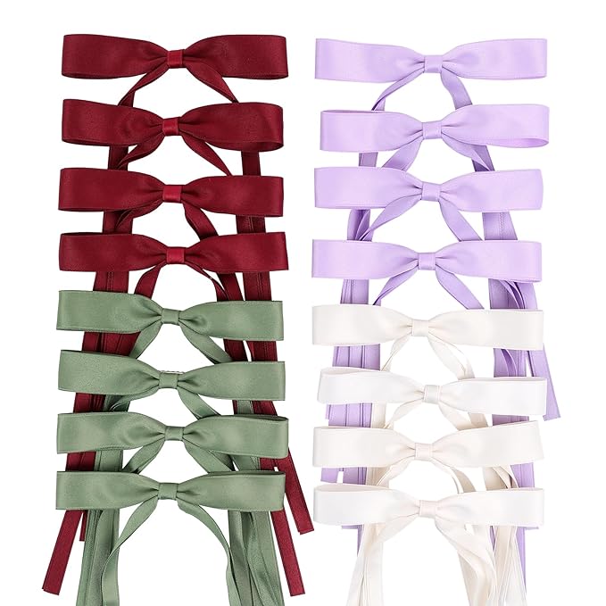 Hair Bows Clips Coquette Ribbon Bowknot with Long Tail Princess Hair Bows French Barrettes Hair Accessories for Women Girls 16PCS (Wine Red, Beige, Green, Purple)