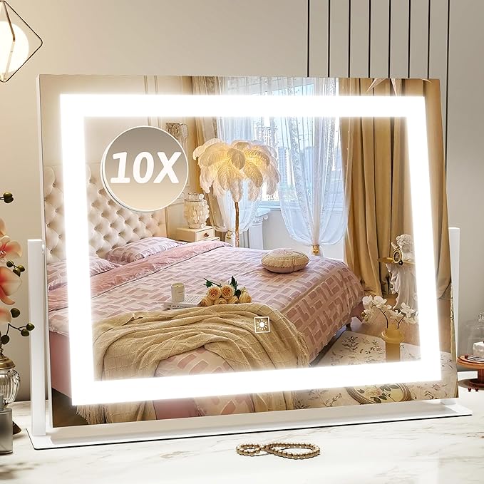 ROLOVE Vanity Mirror with Lights 22"x18", Lighted Makeup Mirror with 10X Magnification, Smart Touch 3 Colors Dimmable, 360° Rotation, Women Gift, Dresser Mount, Bathroom (White)