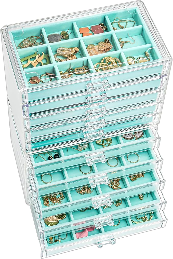 ProCase Earring Holder Organizer Jewelry Box with 10 Drawers, Acrylic Clear Earring Case with Adjustable Velvet Trays for Women - Aqua,10 Layers