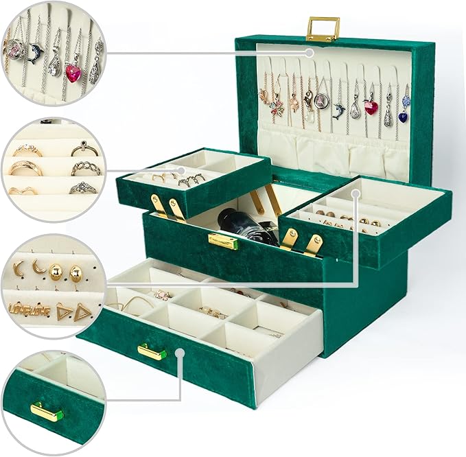 Dajasan Jewelry Organizer Box, Large Velvet Jewelry Boxes for Women Girls, Space-Saving 3 Layers Jewelry Storage Case with Drawer, Movable Metal Stand, Modern, Gift Idea (Green)