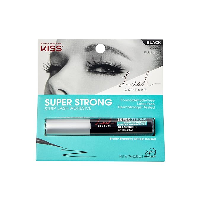 Kiss Lash Couture Super Strong Strip Lash Adhesive, Black, 0.17 Oz (5 g), 24 Hour Mega Grip Eyelash Glue for Clusters, Extensions & Strip Lashes, with Brush Applicator, Biotin-Infused, Latex-Free