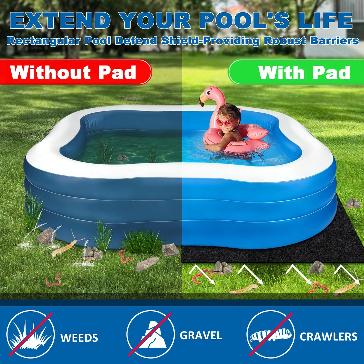 12x24ft Rectangle Pool Liner Pad for Above Ground Pools,300G/M² Thicker Pool Liner Pad, Durable Density Puncture Resistant Mat,Effortless to Install, Pools Bottom Liner Protector, Extend Liner Life