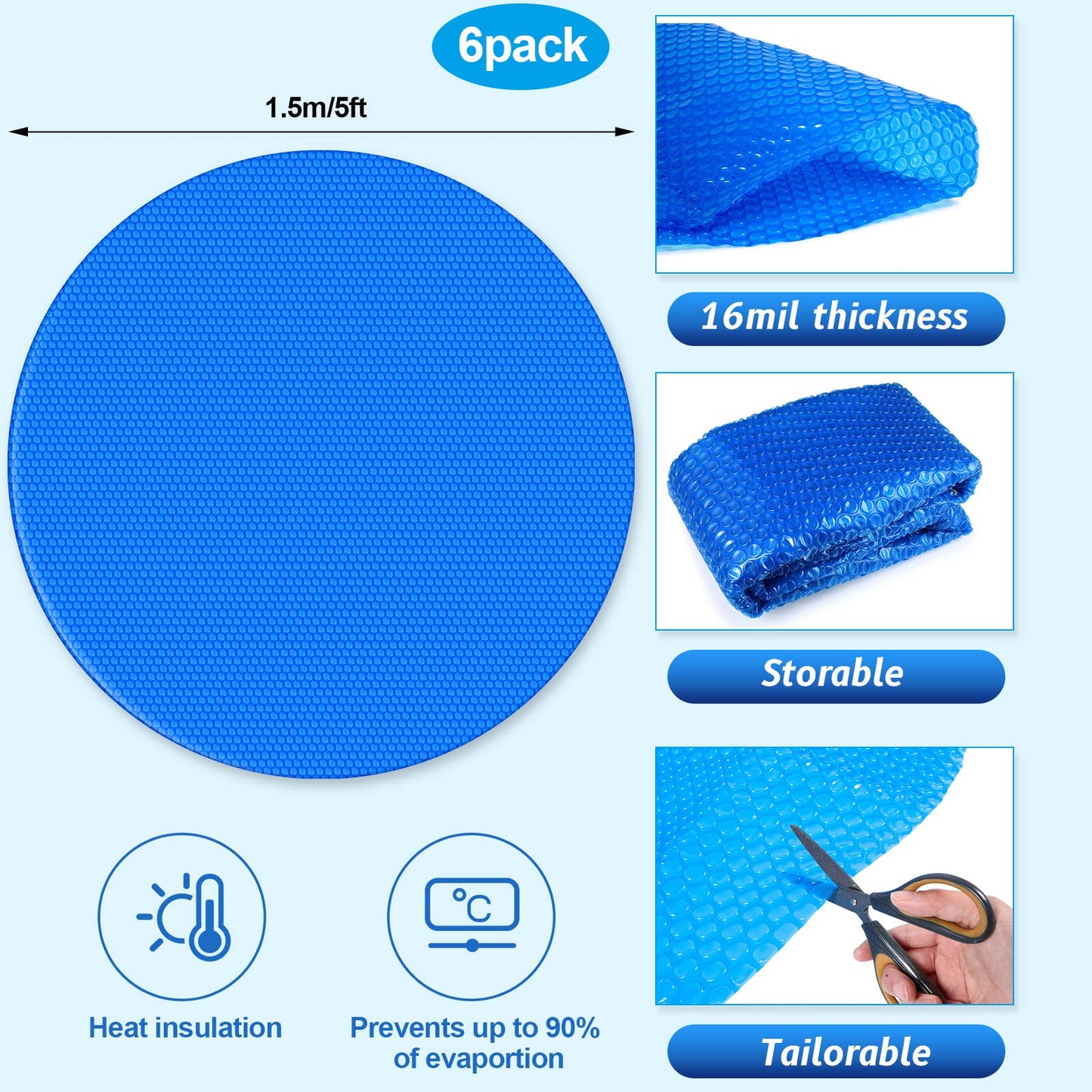 Wesiti 5 ft Solar Pool Cover for Heating - 16 Mil Solar Cover, Ground/Inground Pool Heater Blankets, Hot Tub & Spa Covers, Heating Accessory (6 Pcs)